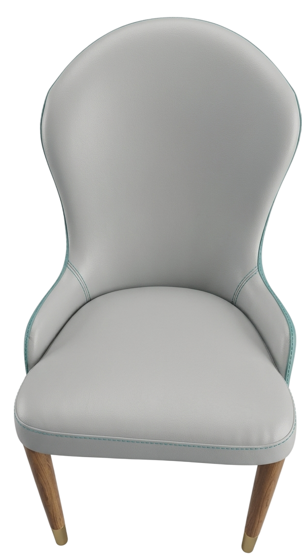Grey leatherette accent chair with a curved spoon back, teal piping and wood legs with brass caps