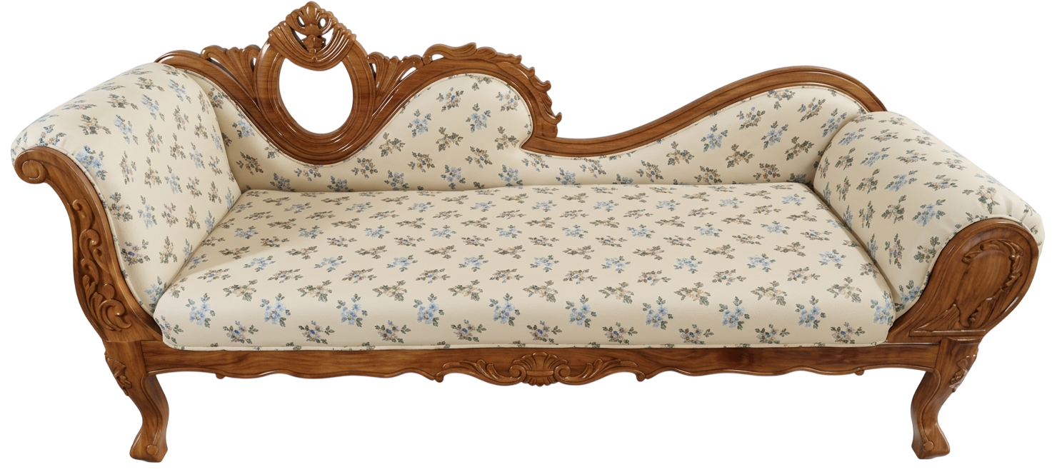 Hand-carved teak diwan or chaise lounge with floral upholstery in a Victorian style