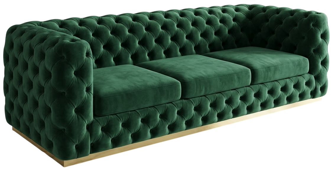 Emerald green velvet Chesterfield three-seater sofa with all-over button tufting and a gold base