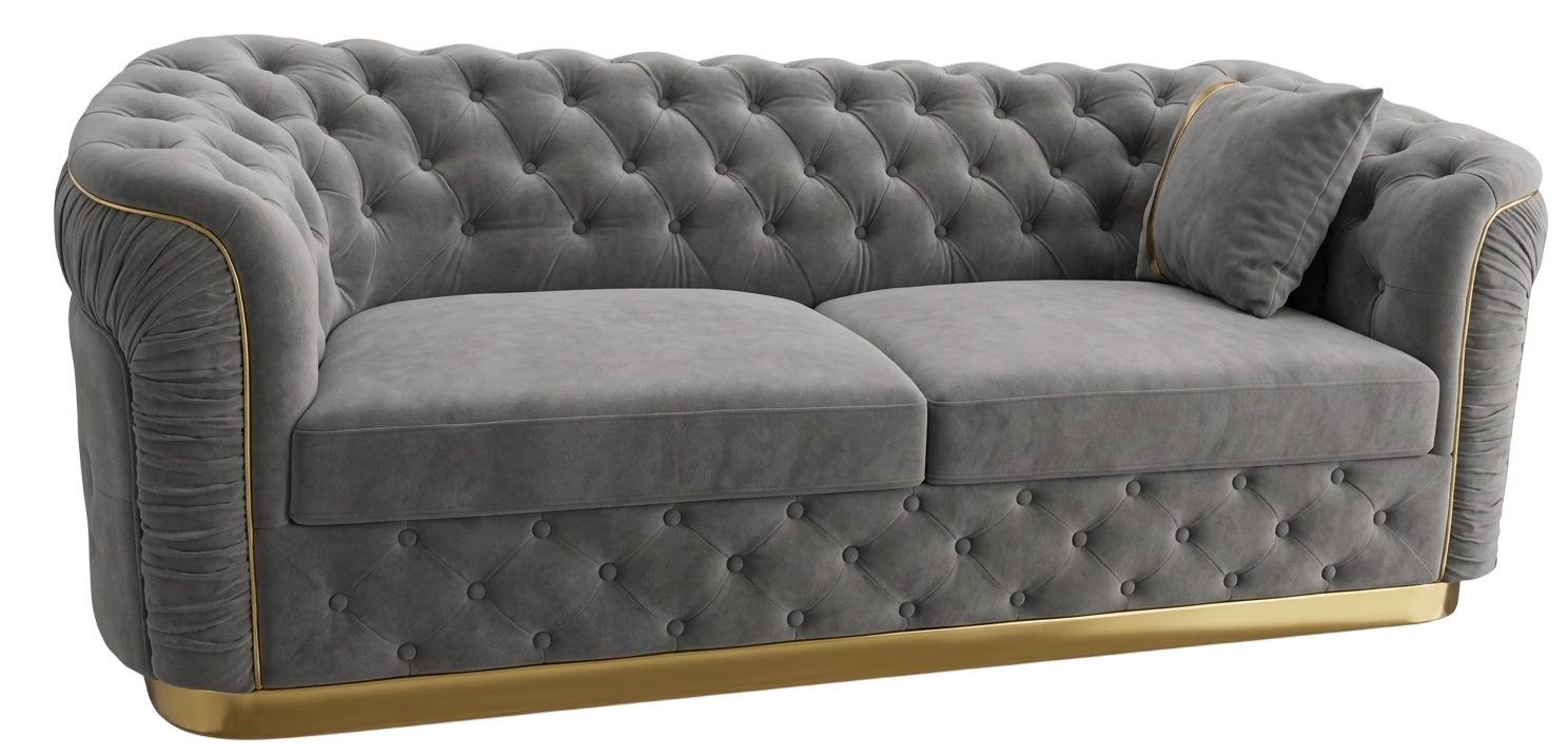 Grey velvet Chesterfield three-seater sofa with deep button tufting and a gold metal base