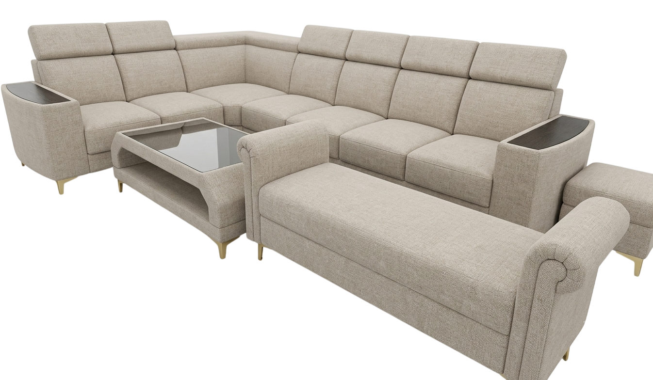 Large L-shape corner sofa set with adjustable headrests, brass legs and a glass-top centre table