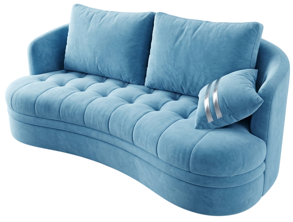 Sky blue velvet curved three-seater sofa with a tufted seat
