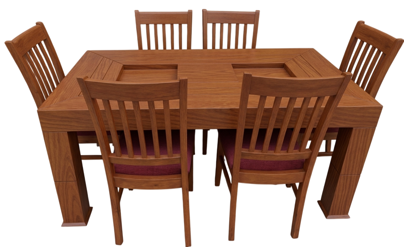 Solid wood six-seater dining set with slat-back chairs and cushioned seats
