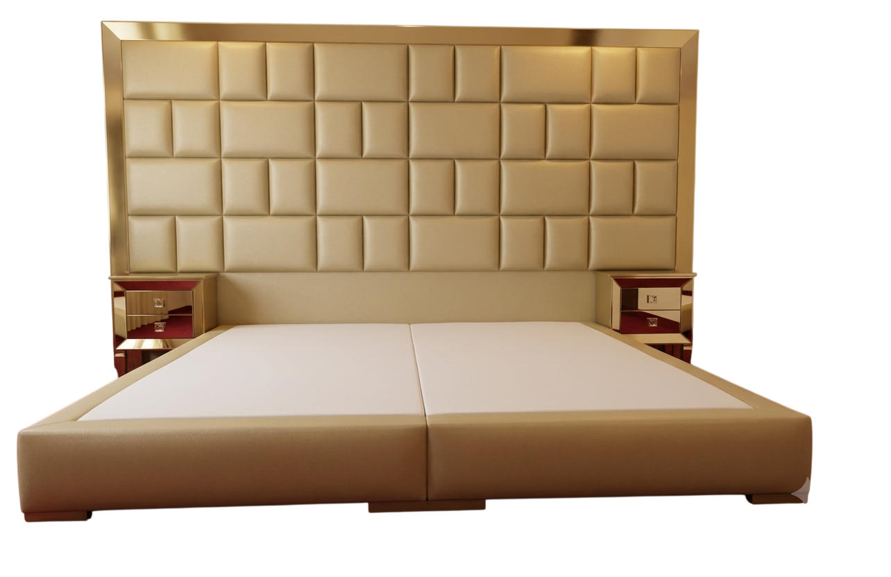Champagne gold king bed with an oversized block-panel padded headboard and matching mirrored bedside tables