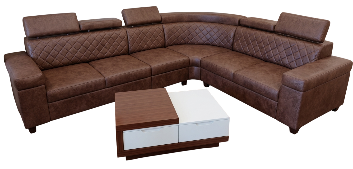 Brown leather L-shape corner sofa with adjustable headrests and a two-tone storage centre table