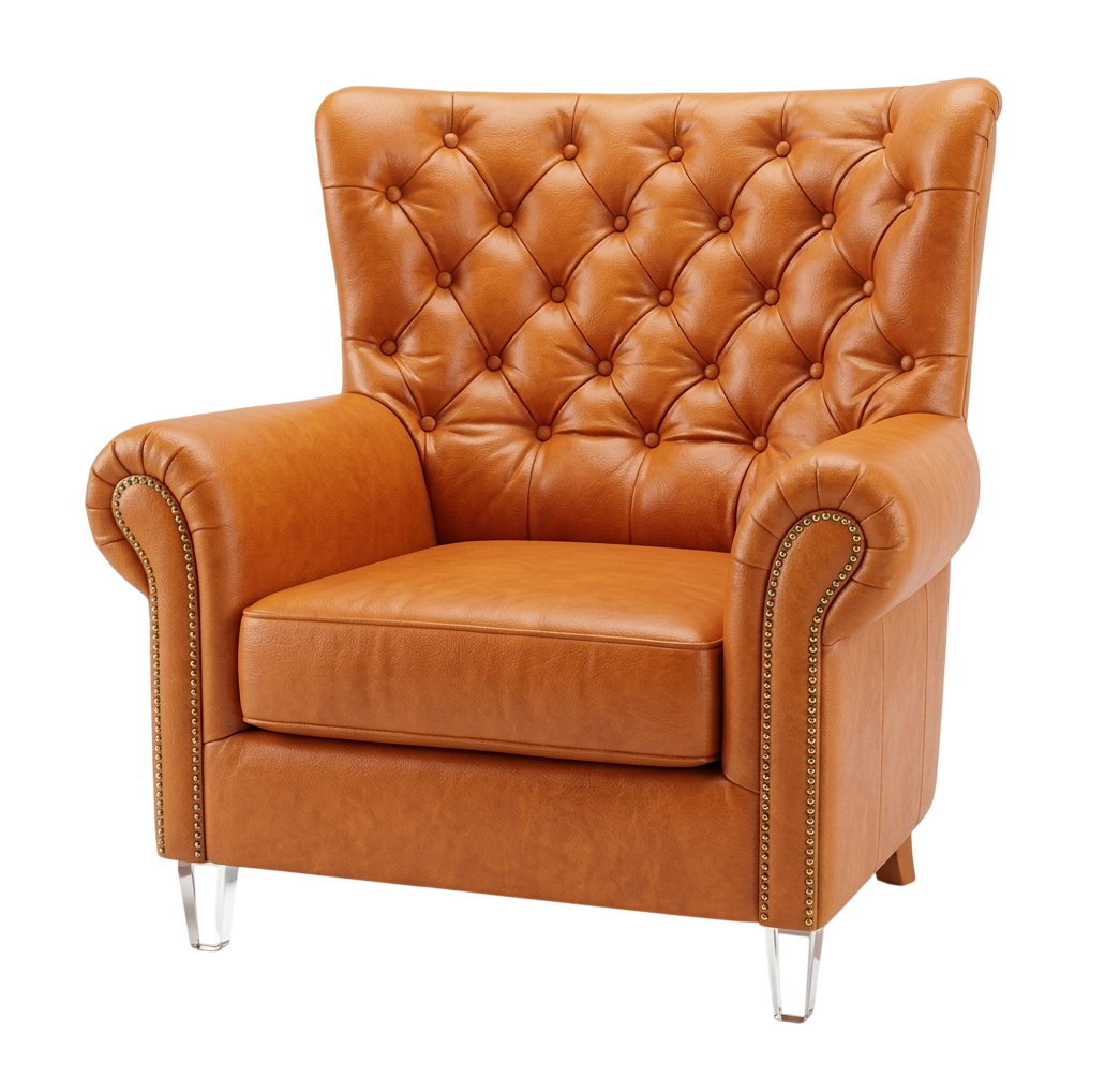 Tan leather button-tufted wingback armchair with rolled arms and nailhead trim