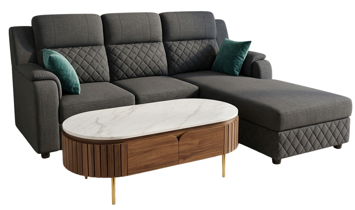 Charcoal grey L-shape sofa with a chaise and a diamond-quilted back, with an oval marble centre table