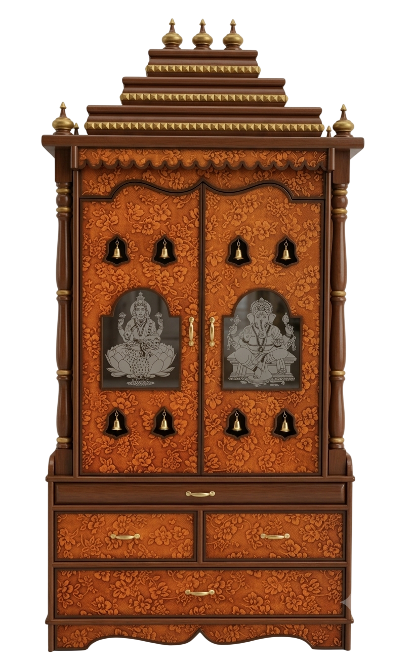 Carved wooden pooja mandir with a temple-dome top, etched glass doors, brass bells and drawer storage