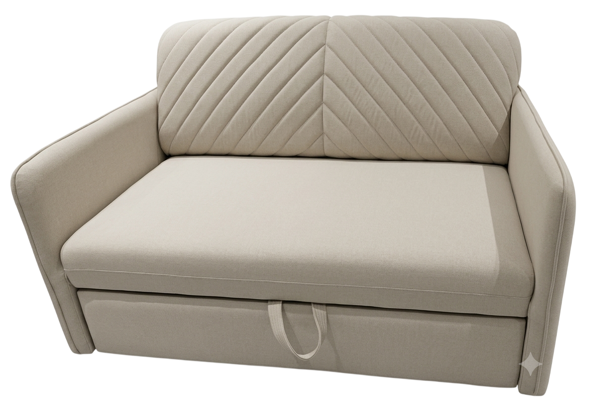 Beige two-seater sofa cum bed with a chevron-quilted back and a pull-out bed base