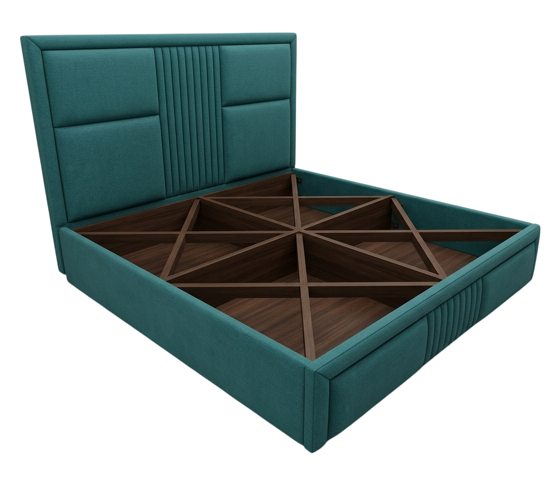Teal upholstered bed with a hydraulic lift-up base and a panel headboard