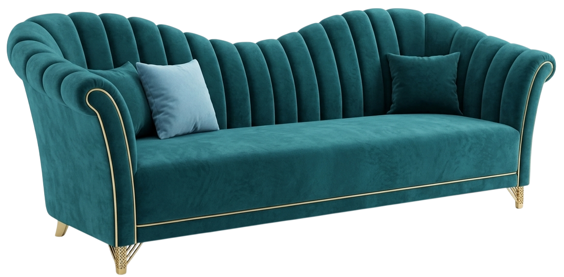 Teal velvet three-seater sofa with a channel-tufted scalloped shell back and gold trim