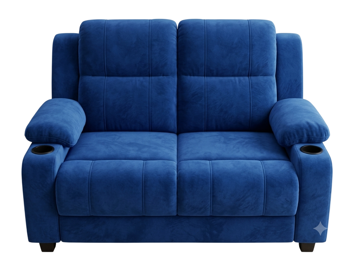Royal blue velvet two-seater home-theatre recliner loveseat with cup holders in the armrests
