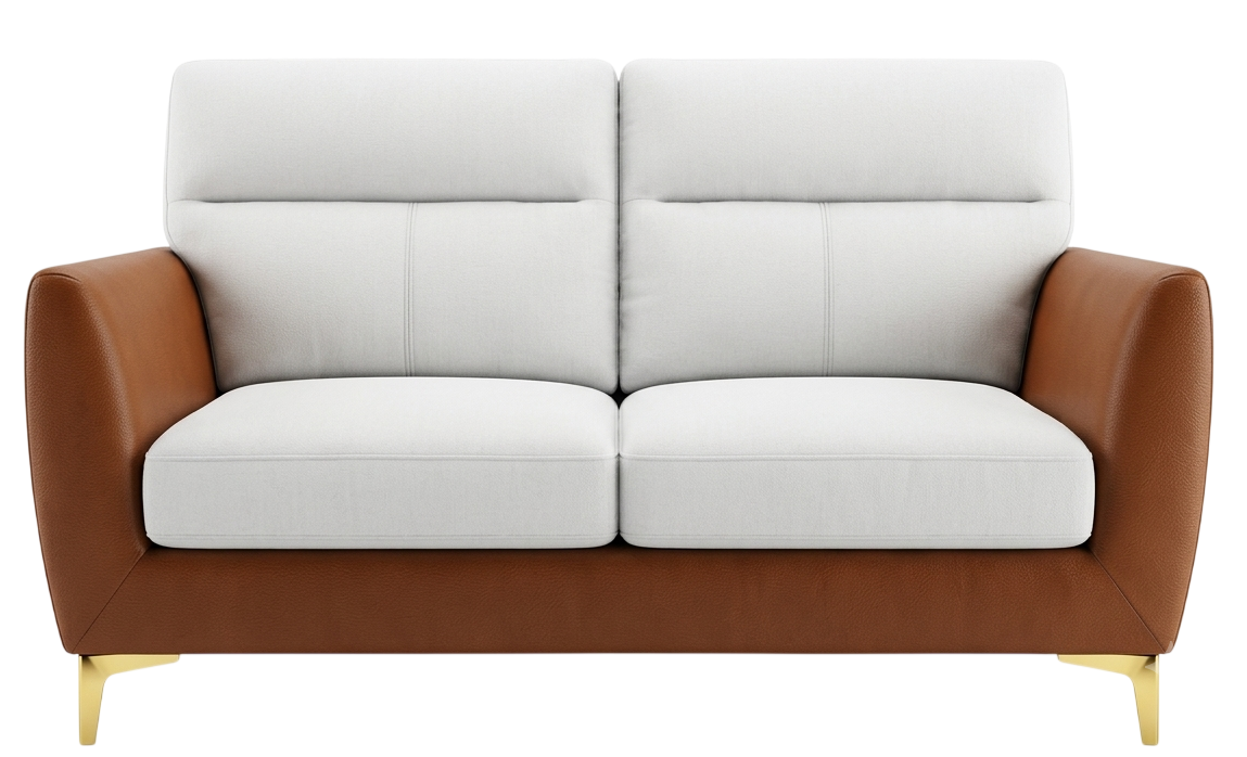 Two-tone two-seater sofa with white fabric cushions, a tan leather frame and gold splayed legs