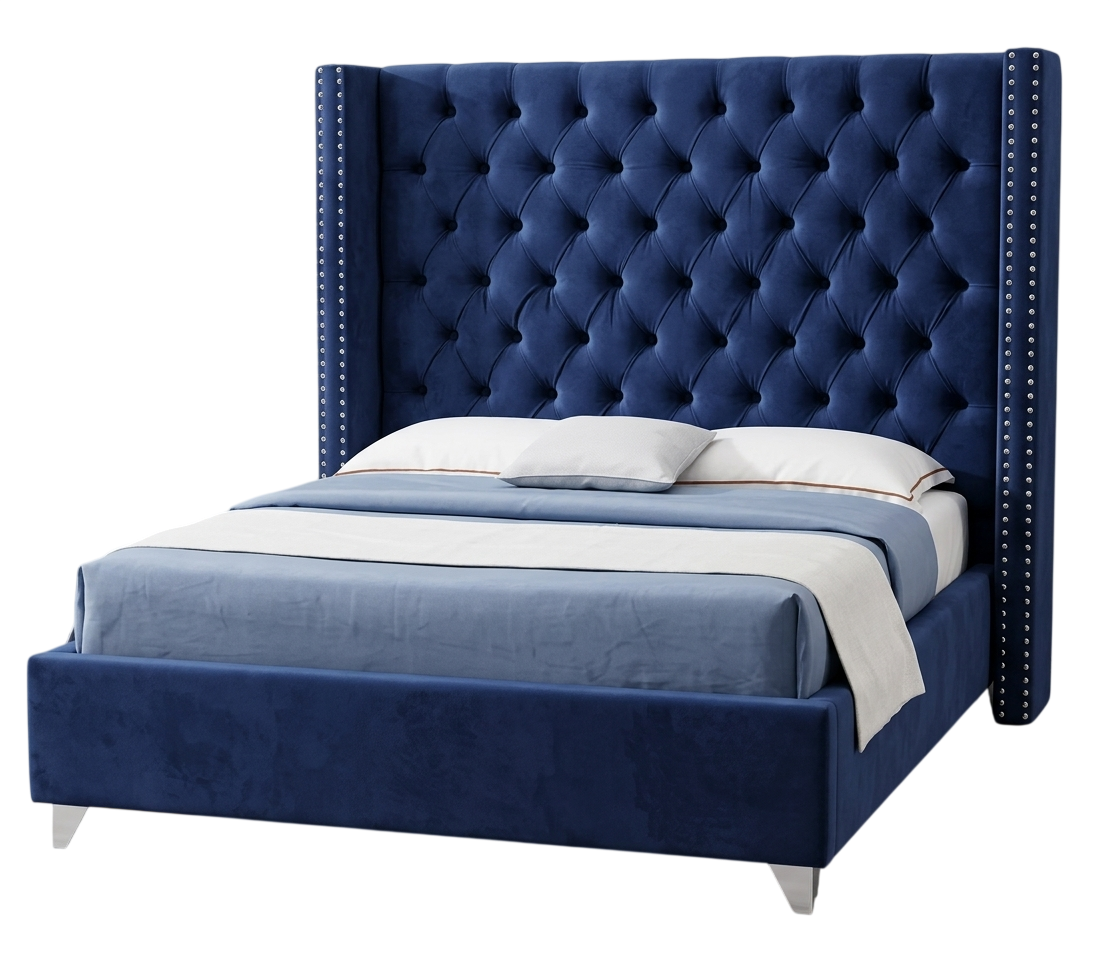 Navy blue velvet upholstered bed with a tall button-tufted wingback headboard and chrome legs
