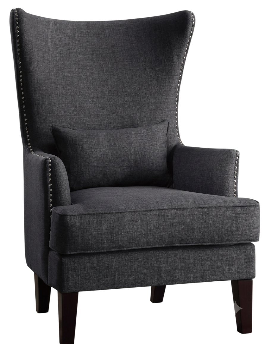 Charcoal linen tall wingback accent chair with nailhead trim and a lumbar cushion
